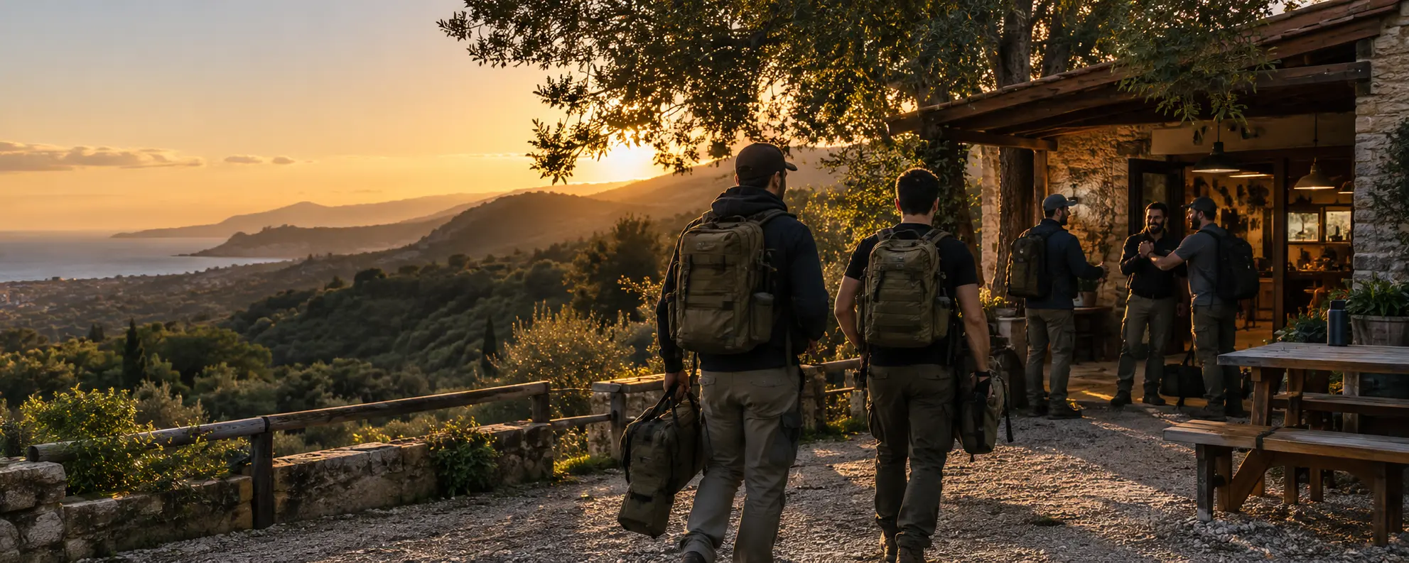 Compagni di squadra raggiungono il punto di incontro al tramonto